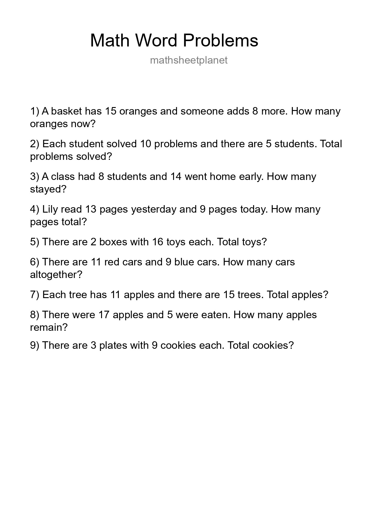 Math Word Problem Worksheet