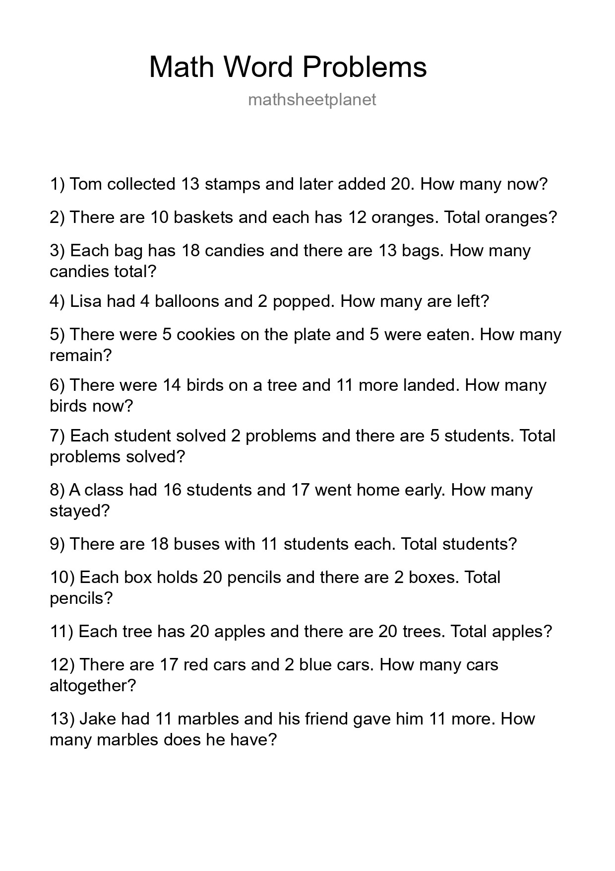 Math Word Problem Worksheet
