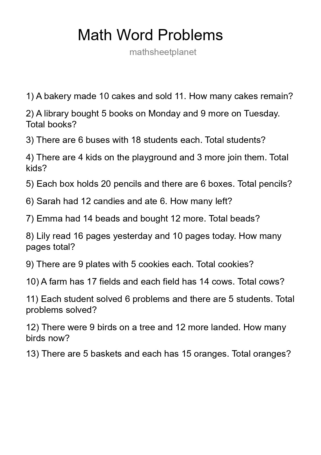 Math Word Problem Worksheet