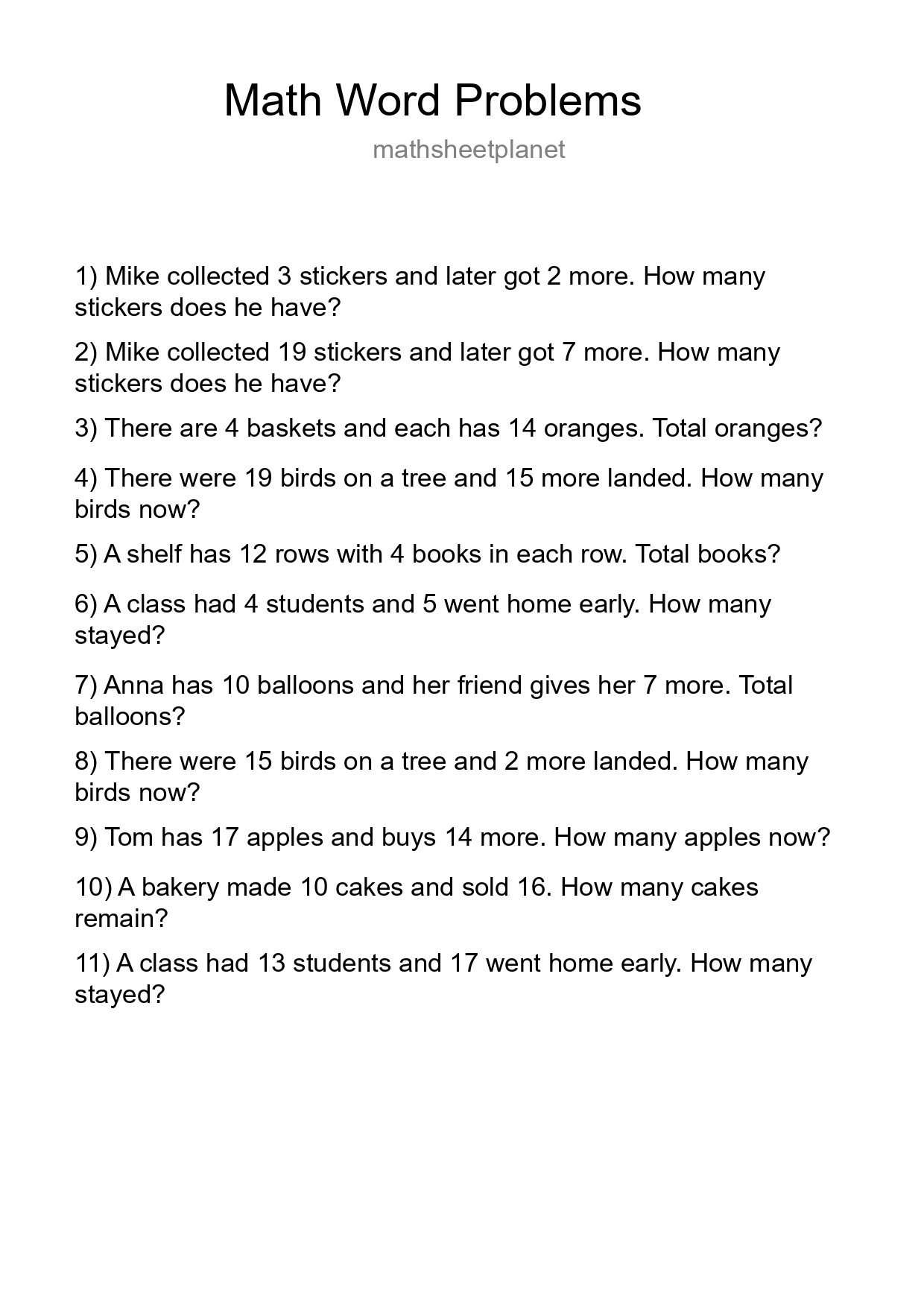 Math Word Problem Worksheet
