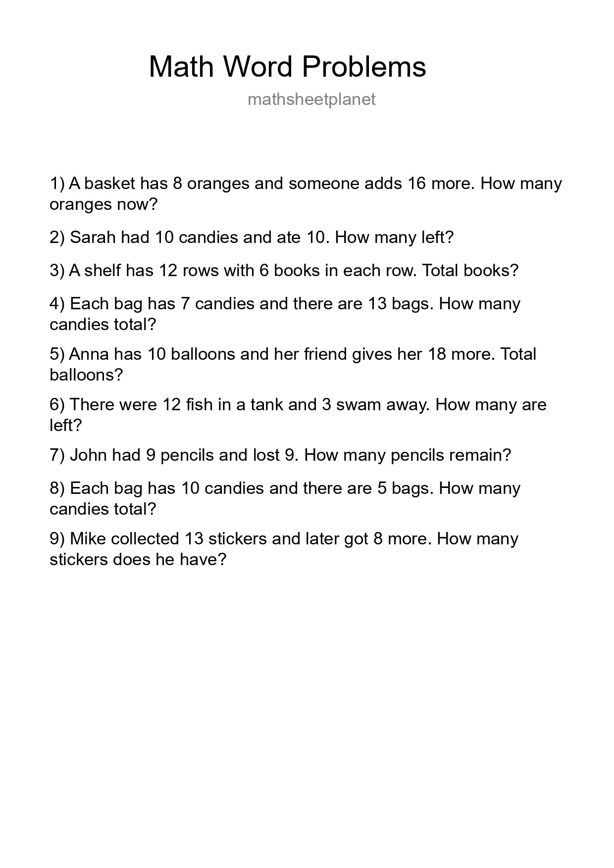 Math Word Problem Worksheet