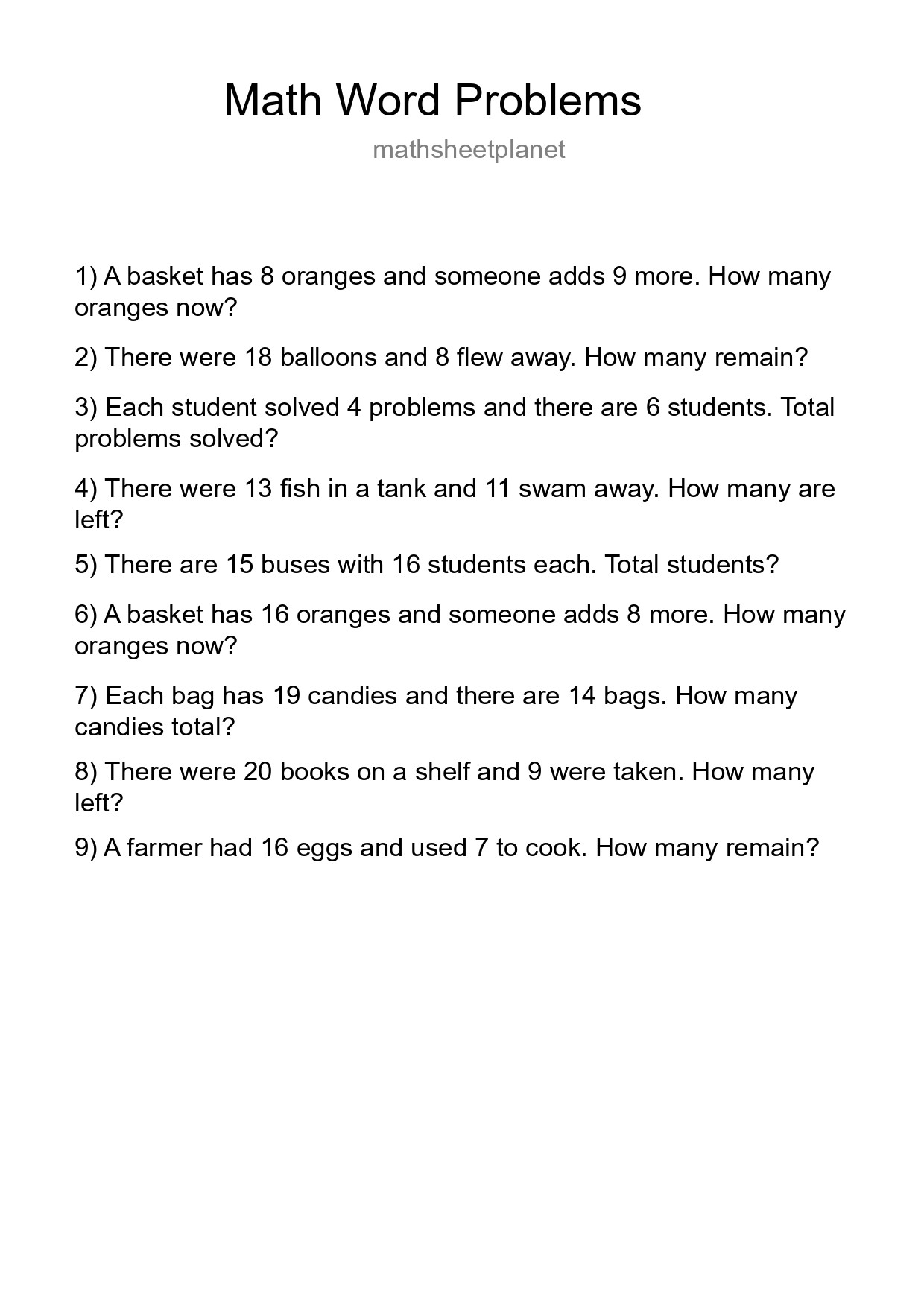 Math Word Problem Worksheet