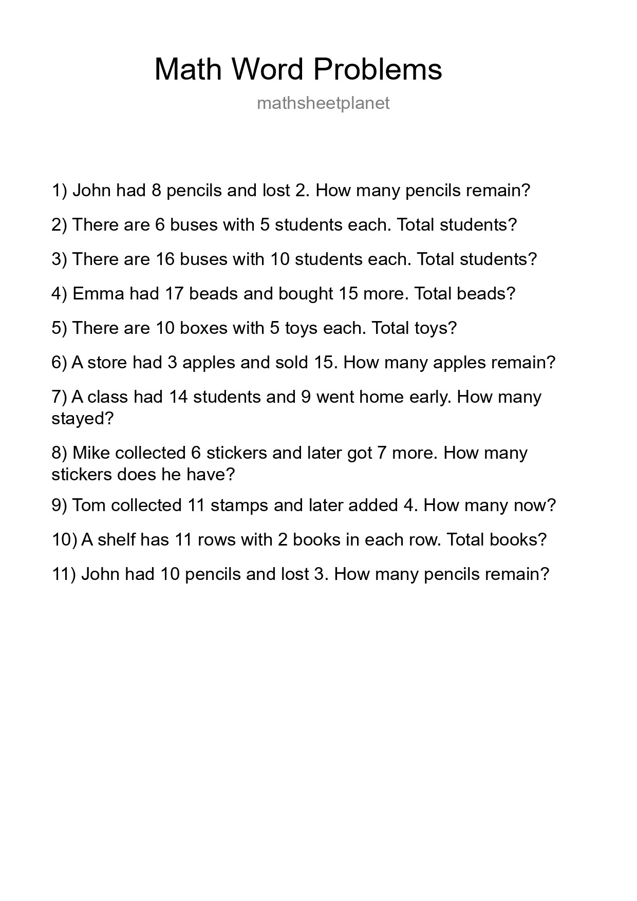 Math Word Problem Worksheet