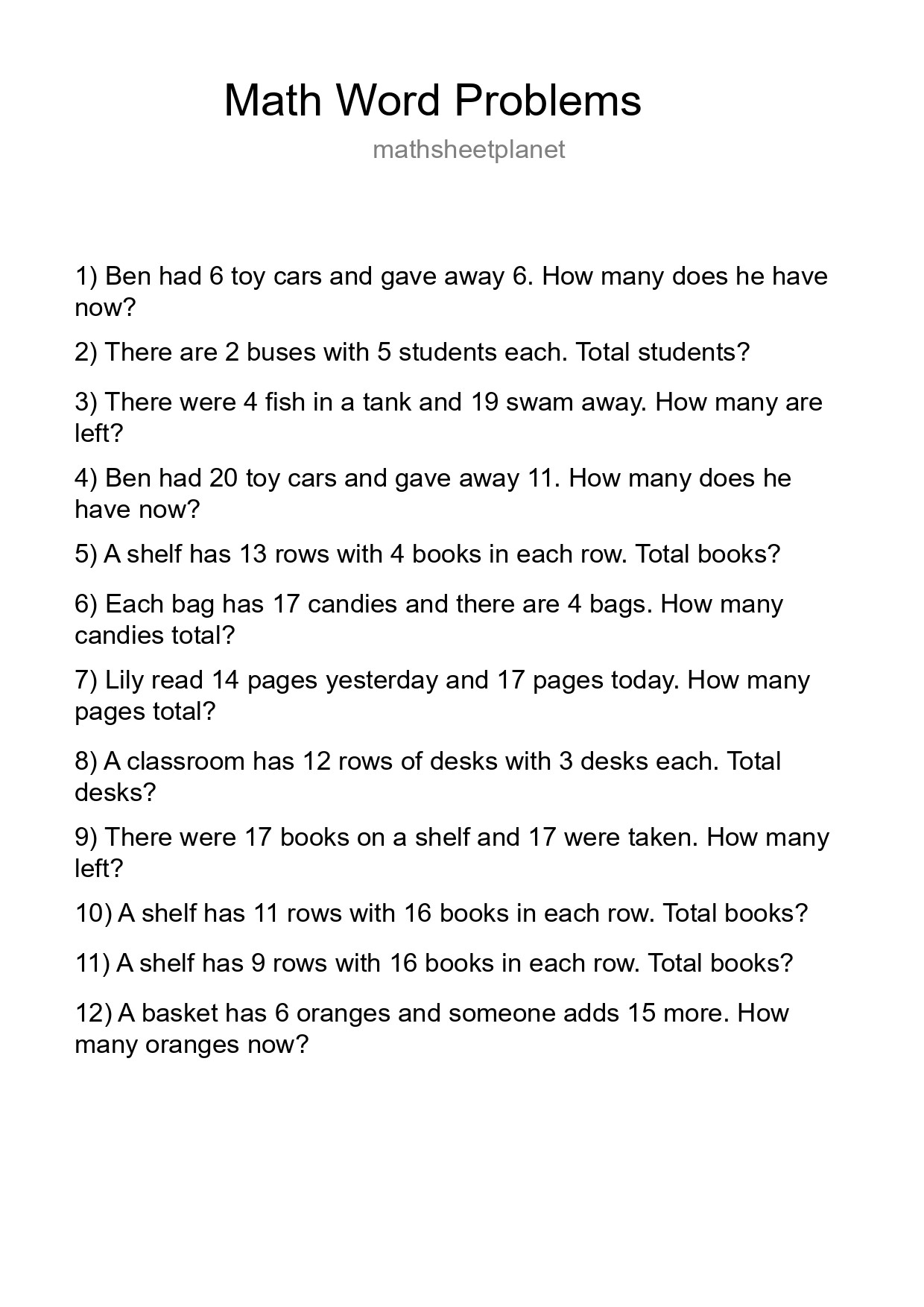 Math Word Problem Worksheet