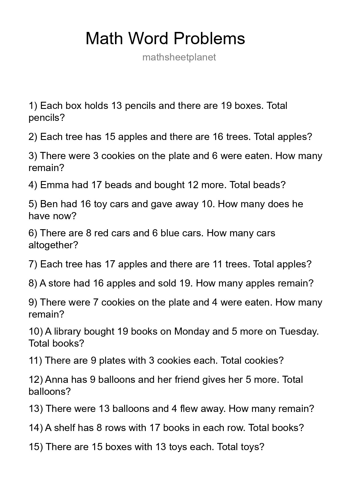 Math Word Problem Worksheet