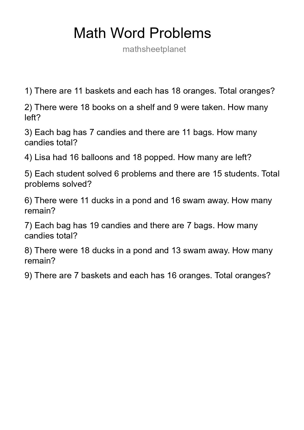 Math Word Problem Worksheet