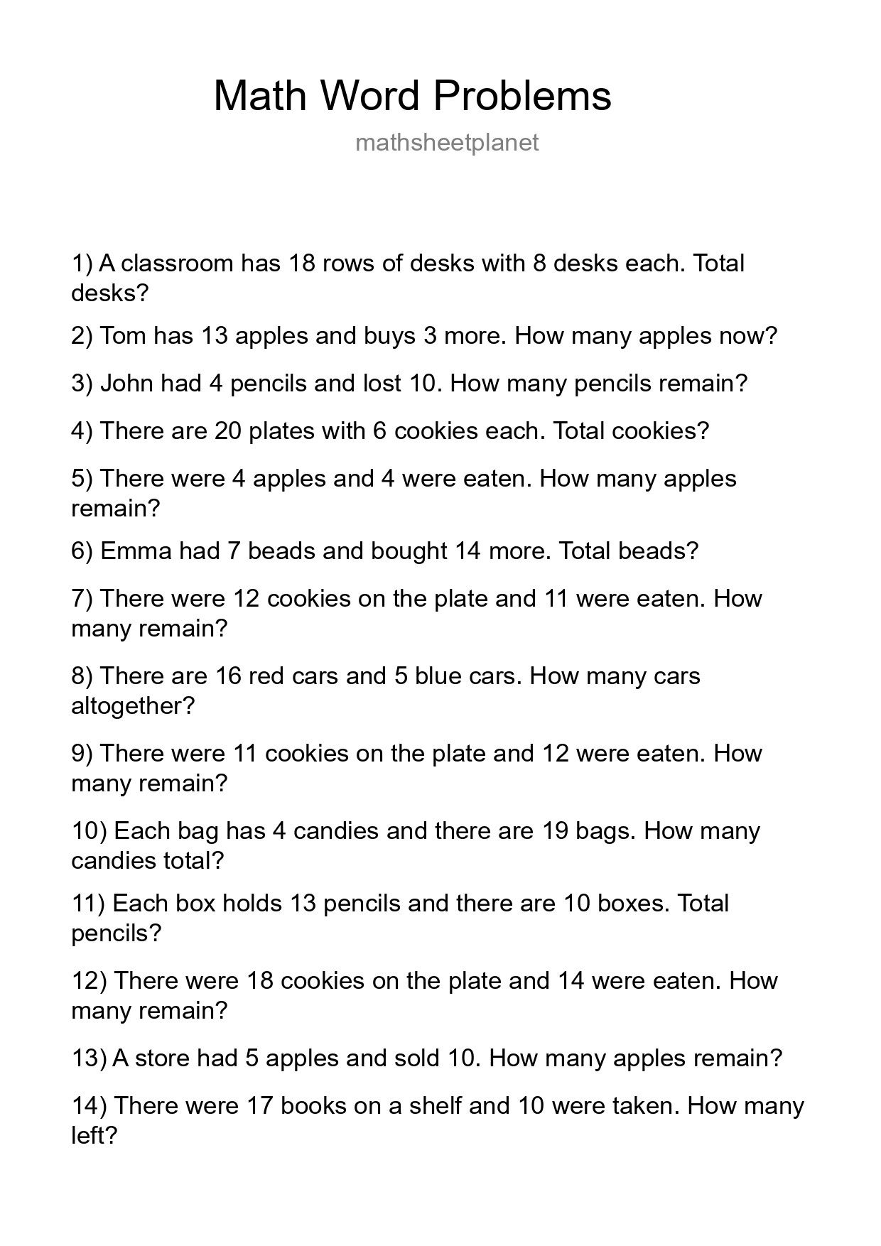 Math Word Problem Worksheet