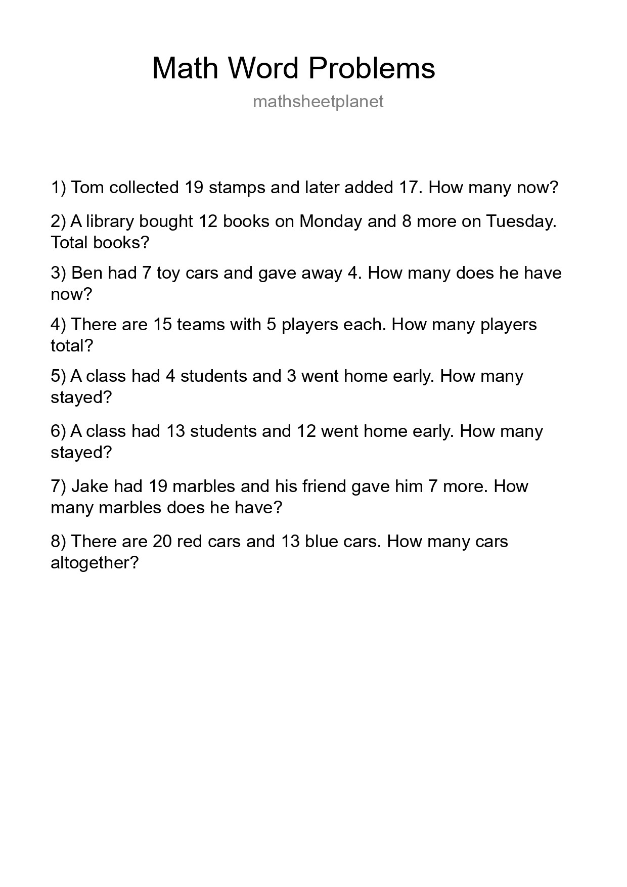 Math Word Problem Worksheet
