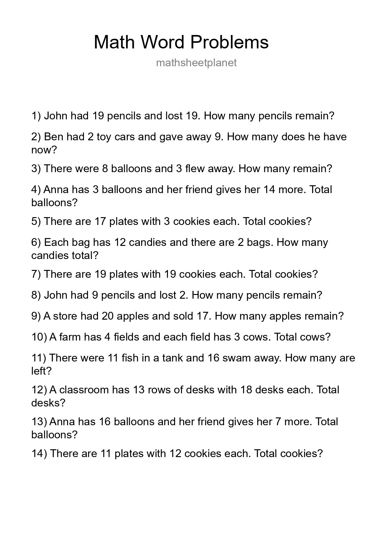 Math Word Problem Worksheet
