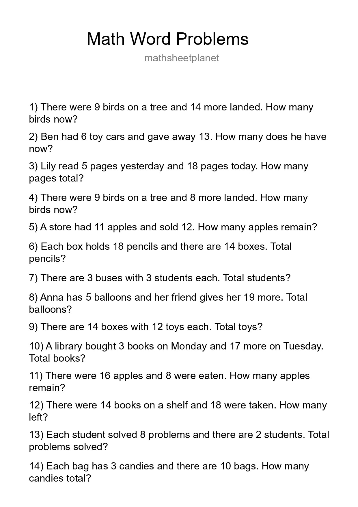 Math Word Problem Worksheet