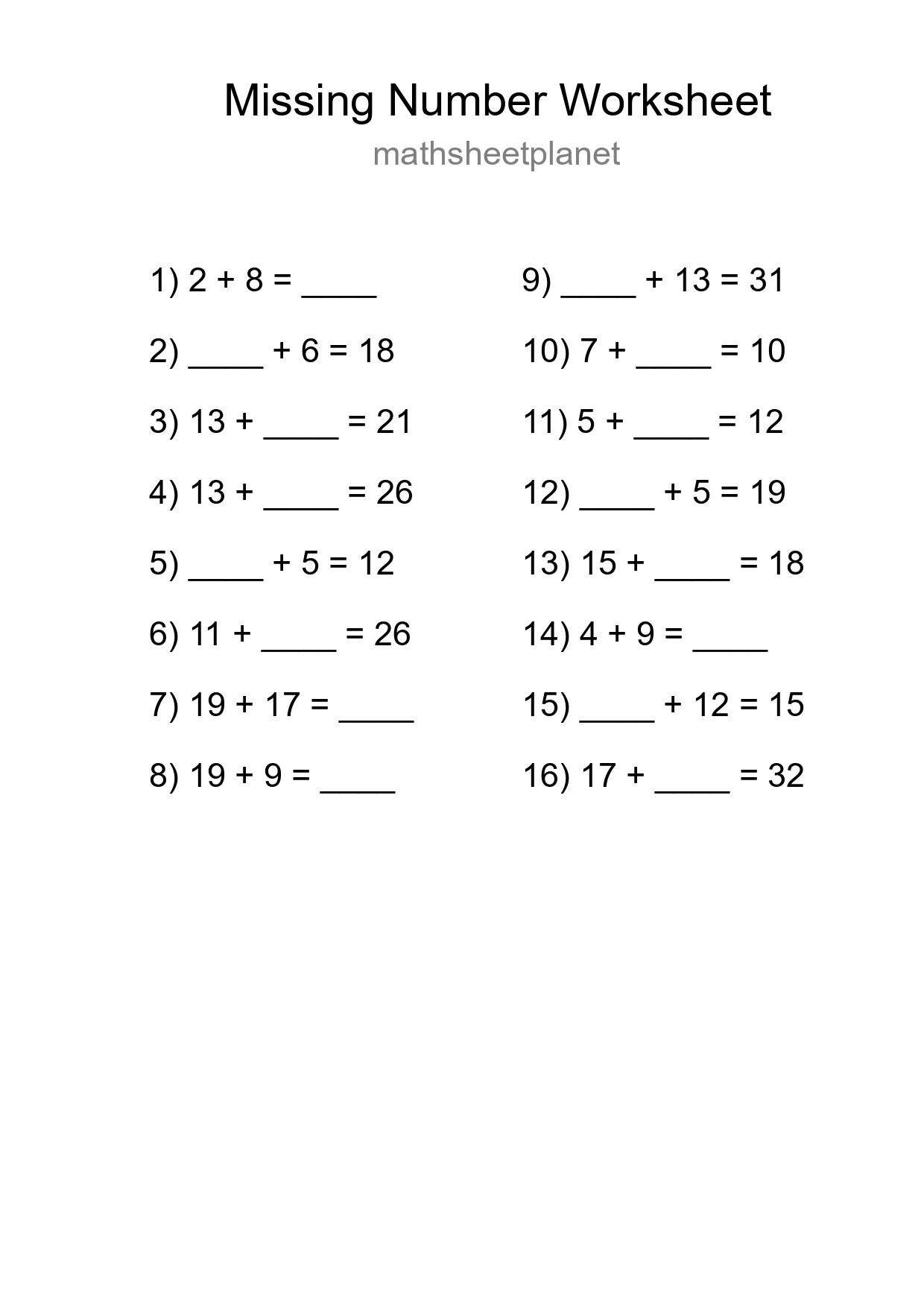 Missing Number Math Worksheet