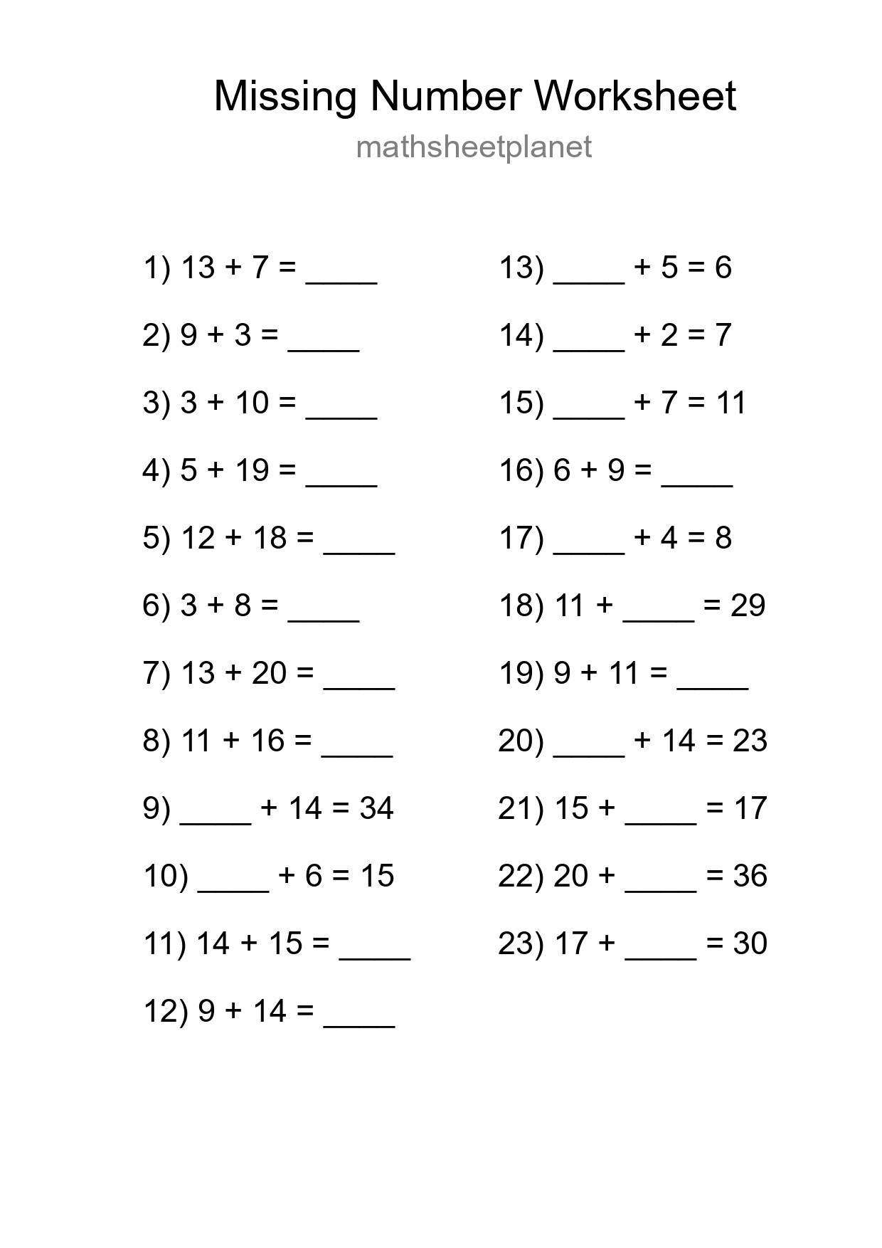 Missing Number Math Worksheet