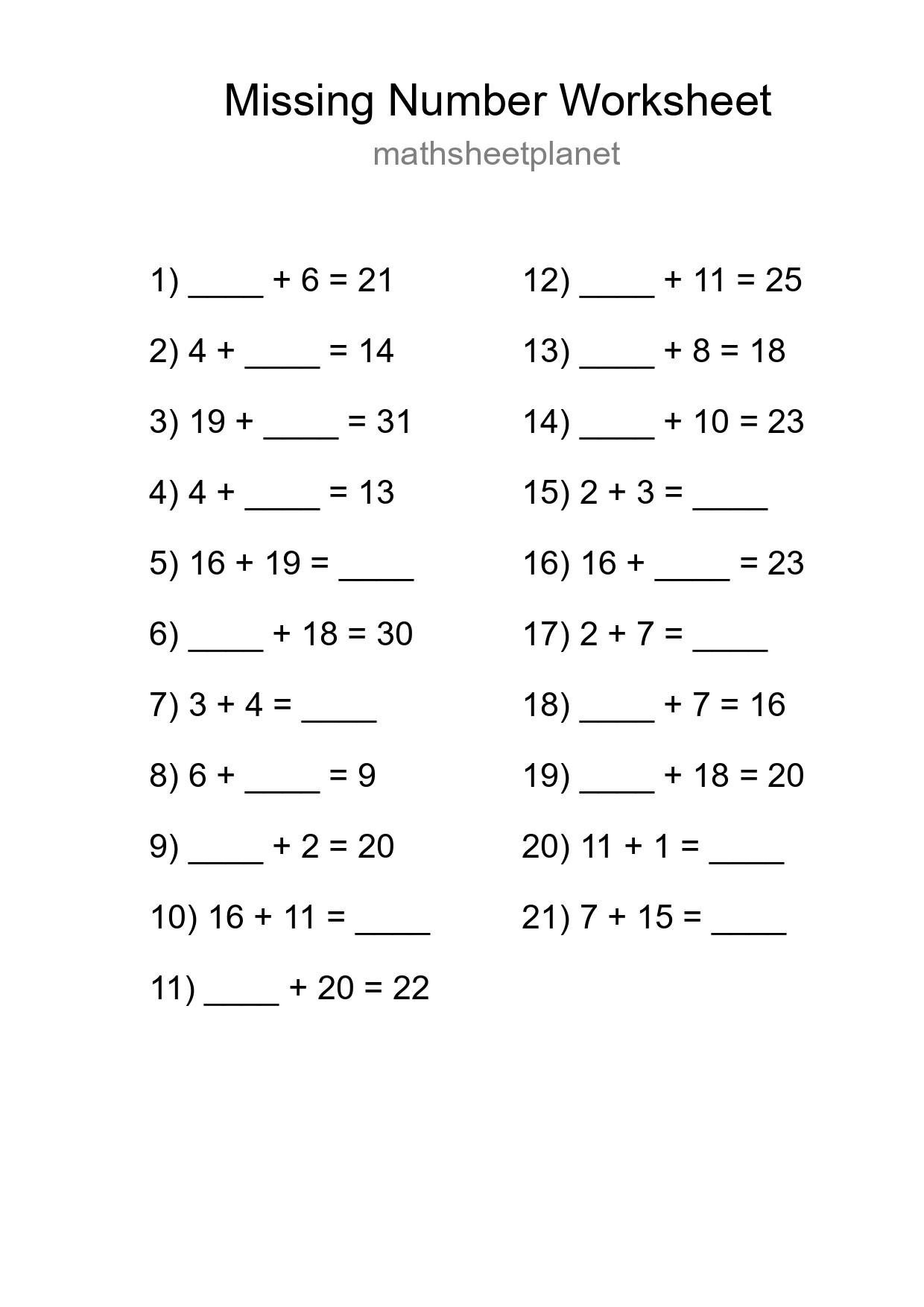Missing Number Math Worksheet