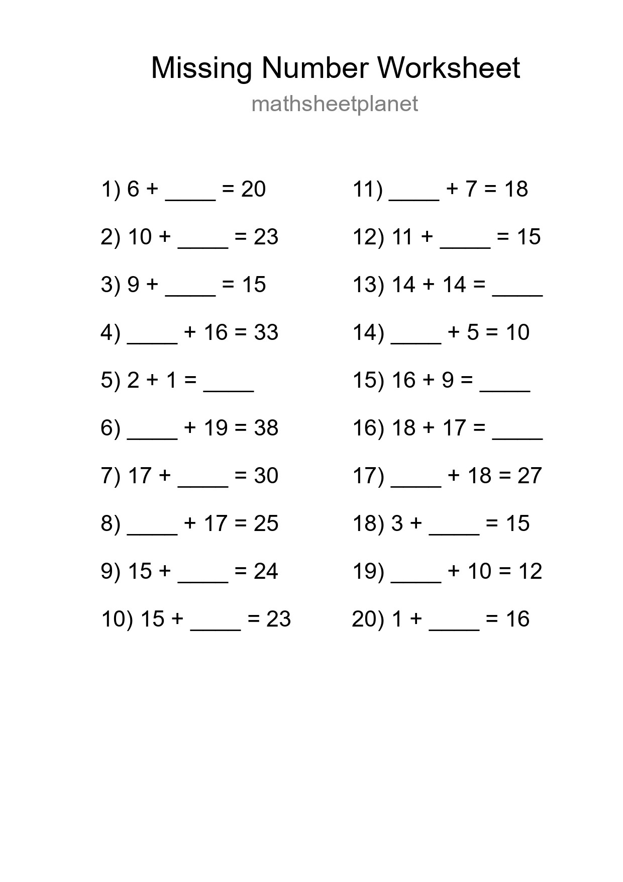 Missing Number Math Worksheet