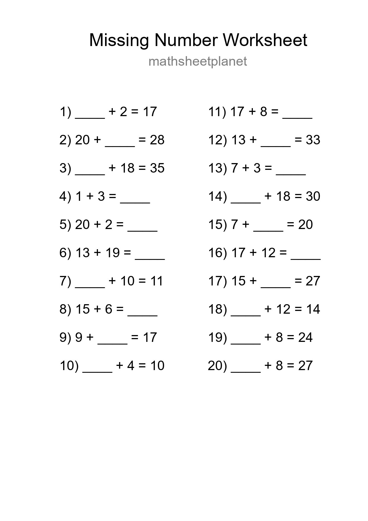Missing Number Math Worksheet