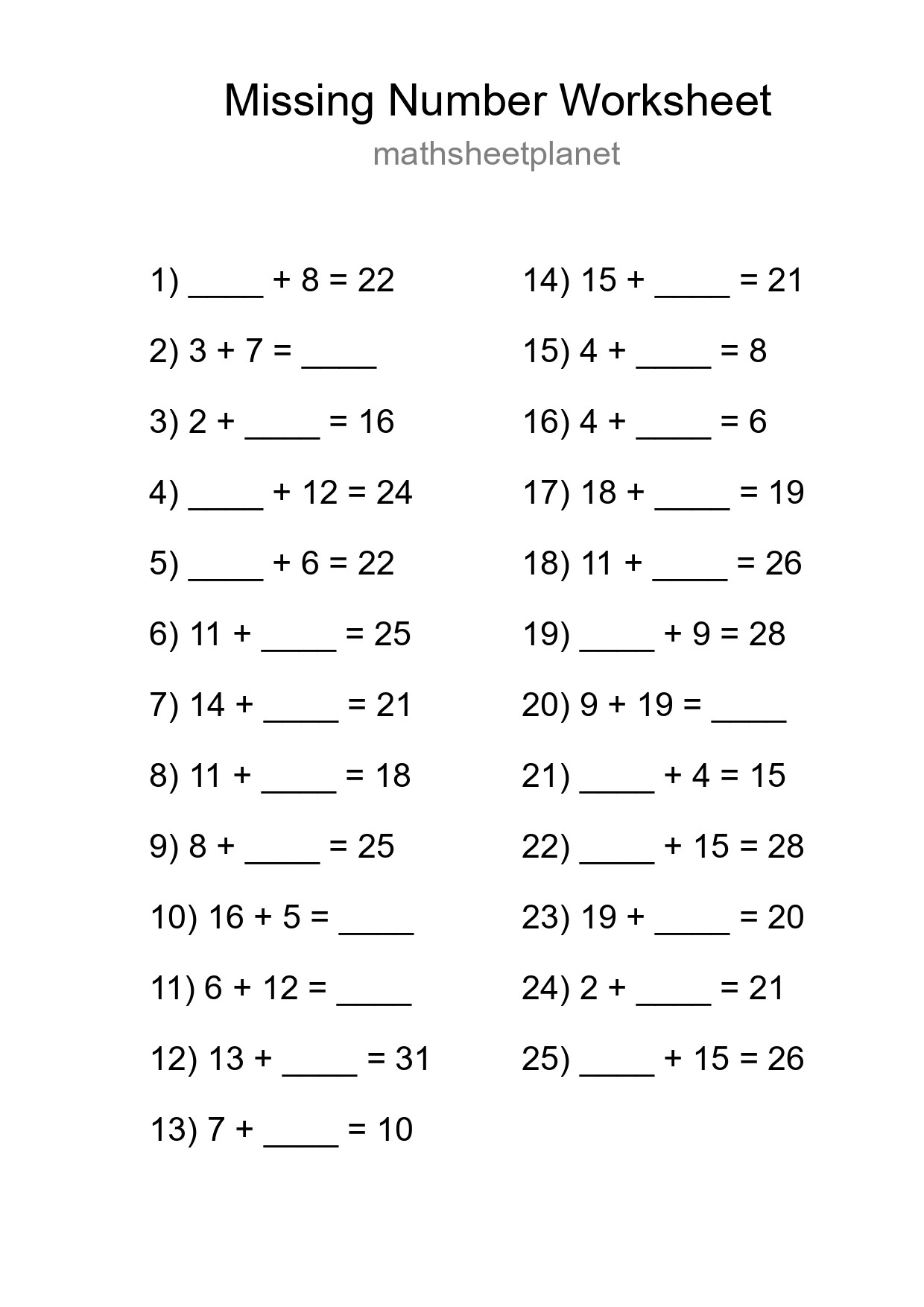 Missing Number Math Worksheet
