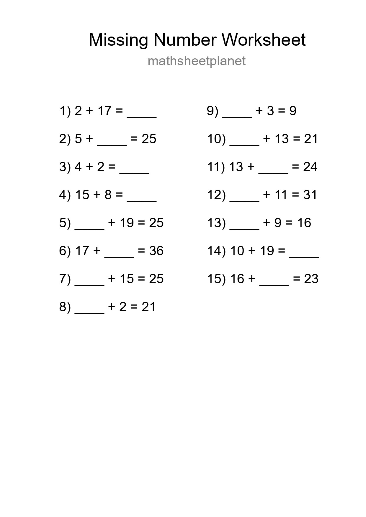 Missing Number Math Worksheet
