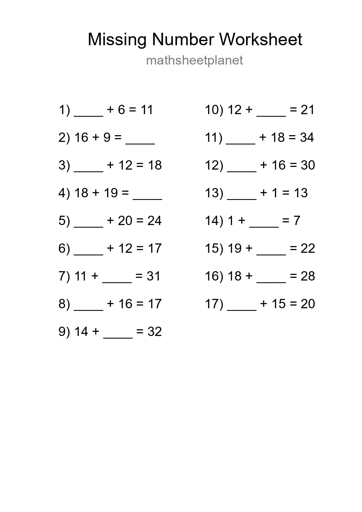 Missing Number Math Worksheet