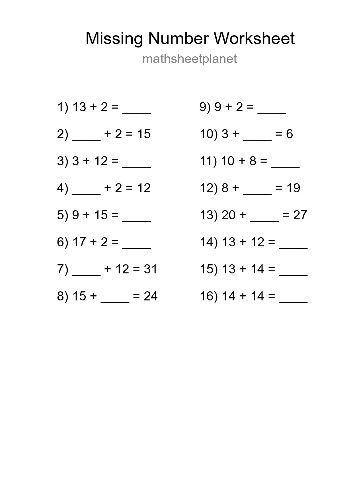 Missing Number Math Worksheet