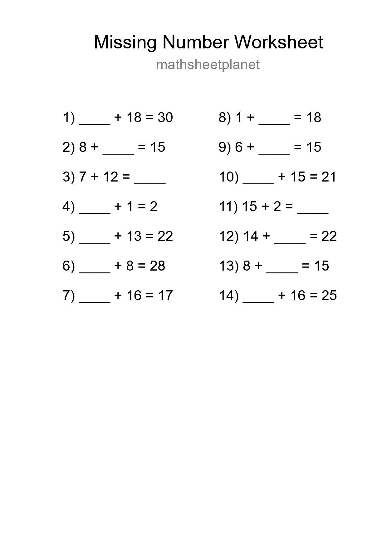 Missing Number Math Worksheet