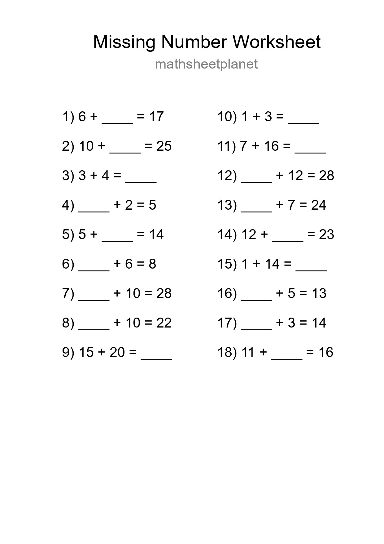Missing Number Math Worksheet