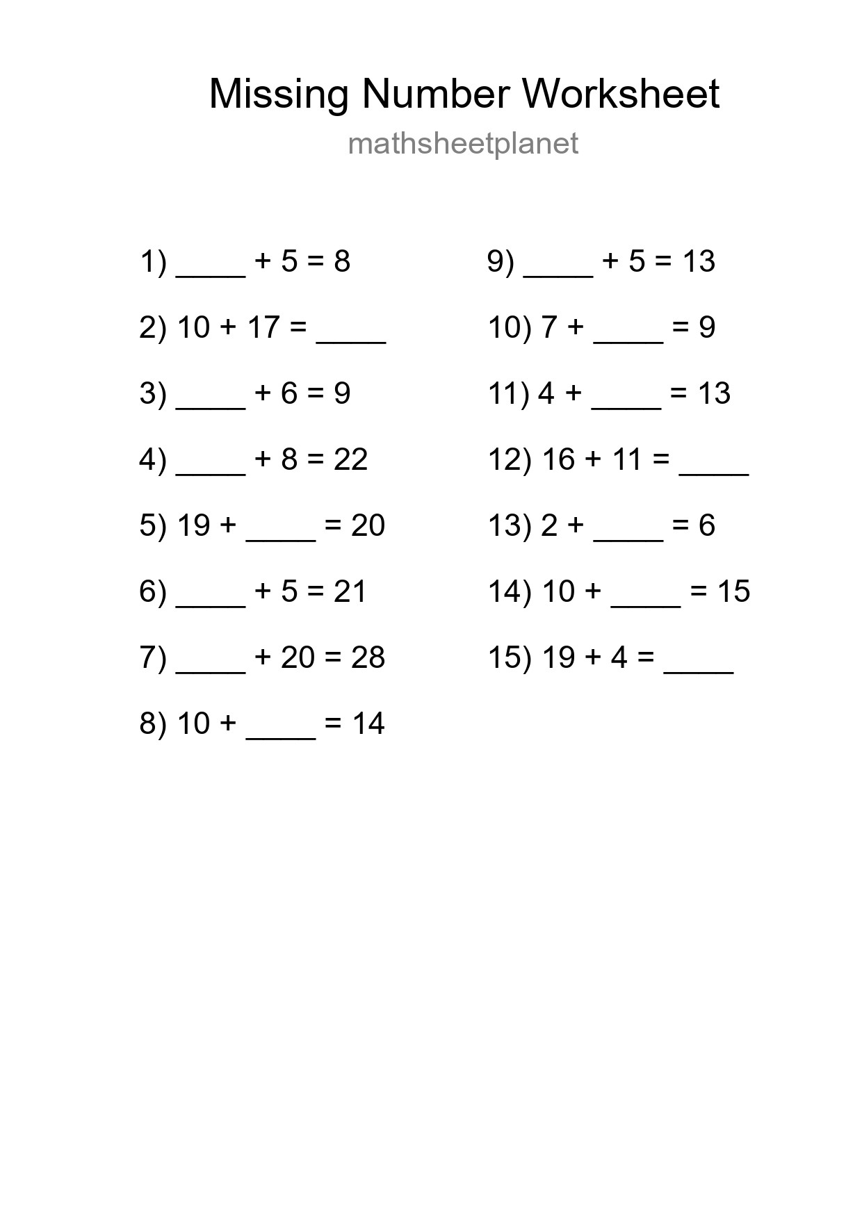 Missing Number Math Worksheet