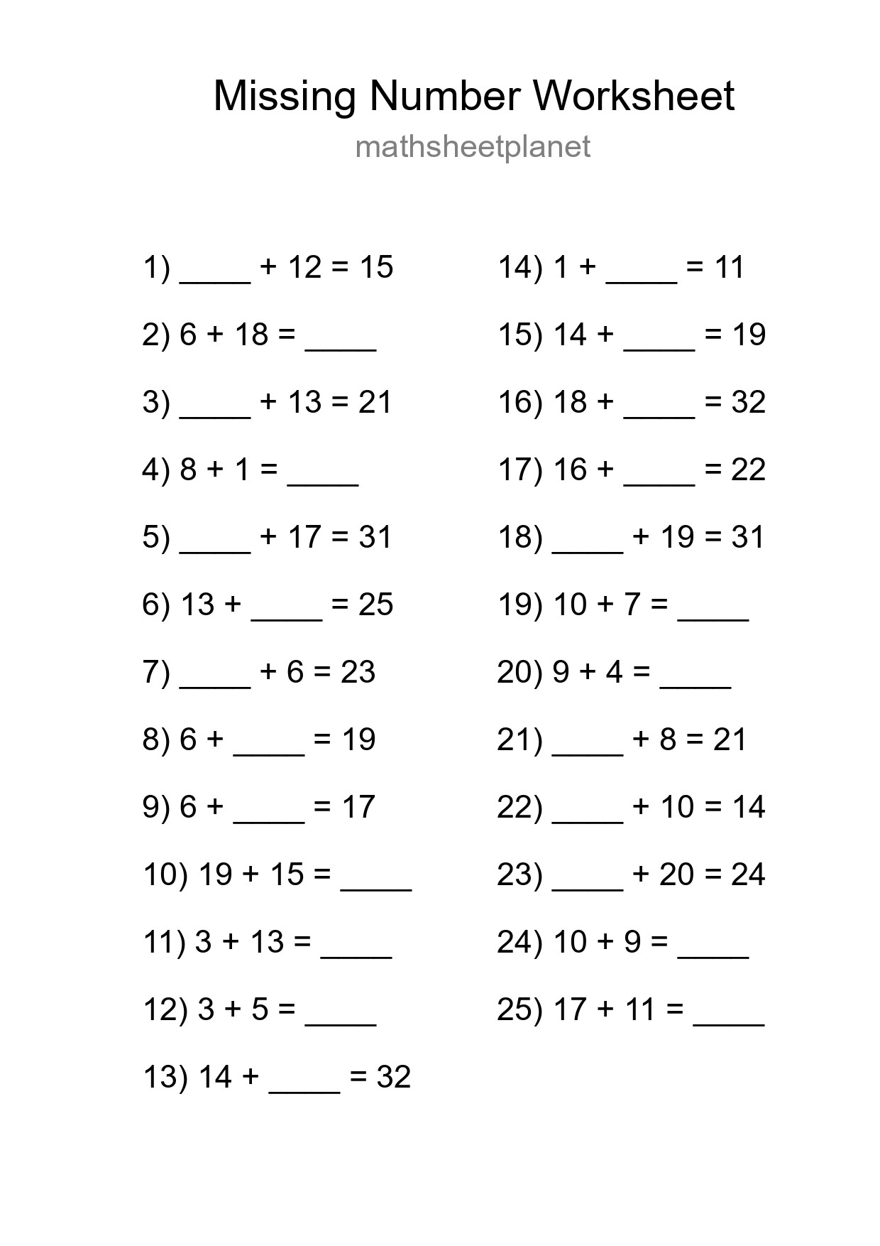 Missing Number Math Worksheet