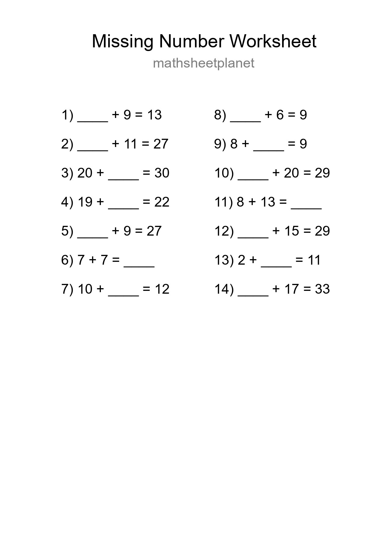 Missing Number Math Worksheet