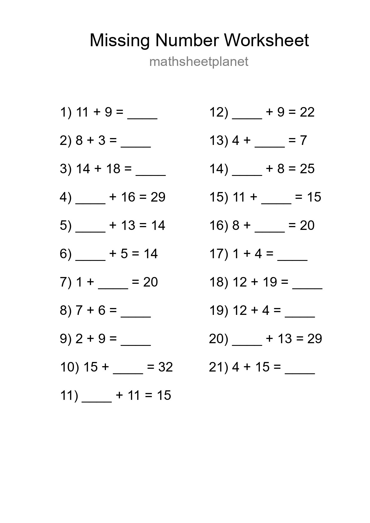 Missing Number Math Worksheet