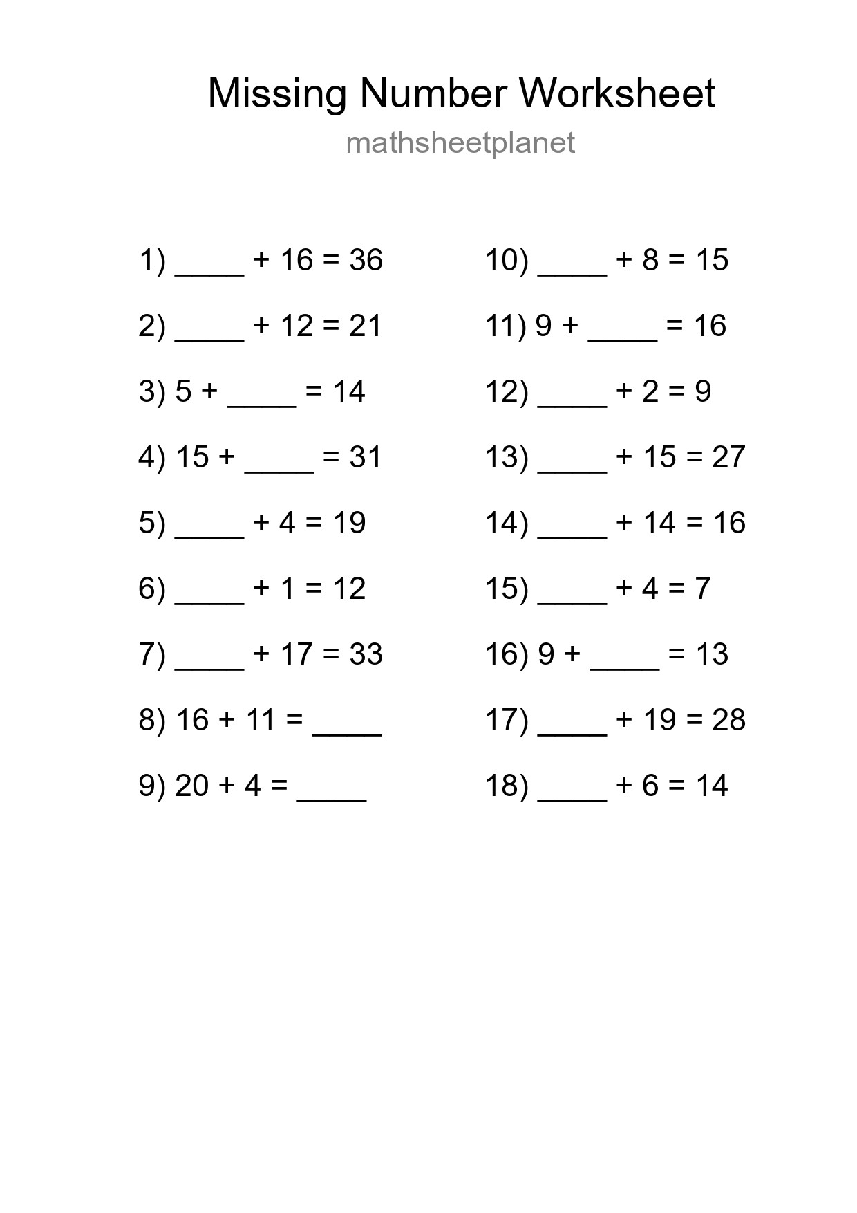Missing Number Math Worksheet
