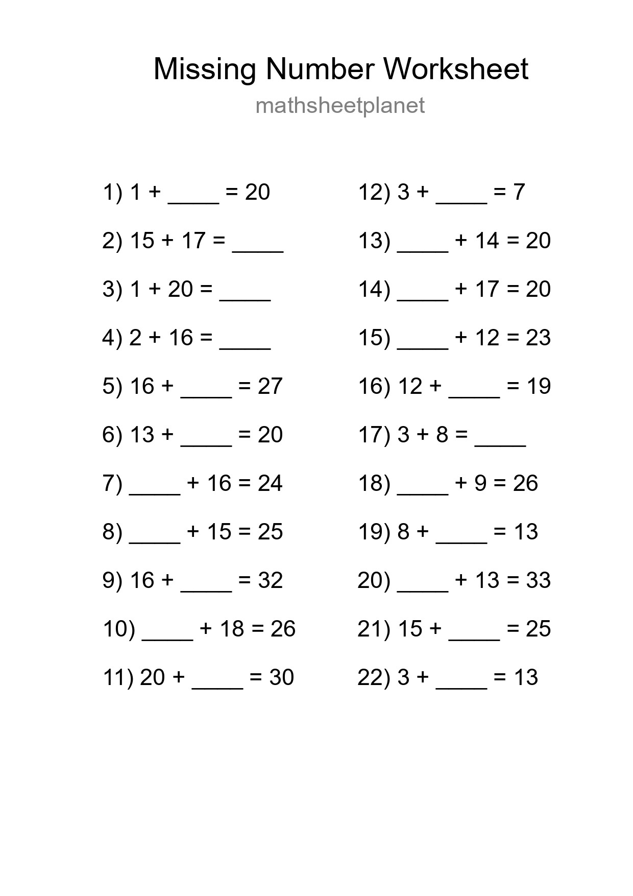 Missing Number Math Worksheet