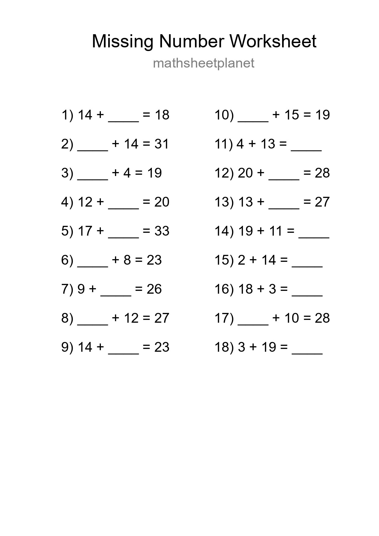 Missing Number Math Worksheet