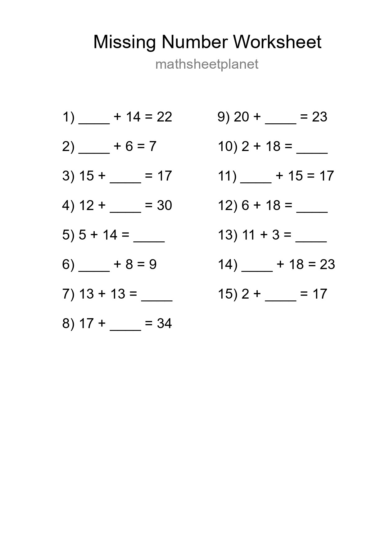 Missing Number Math Worksheet