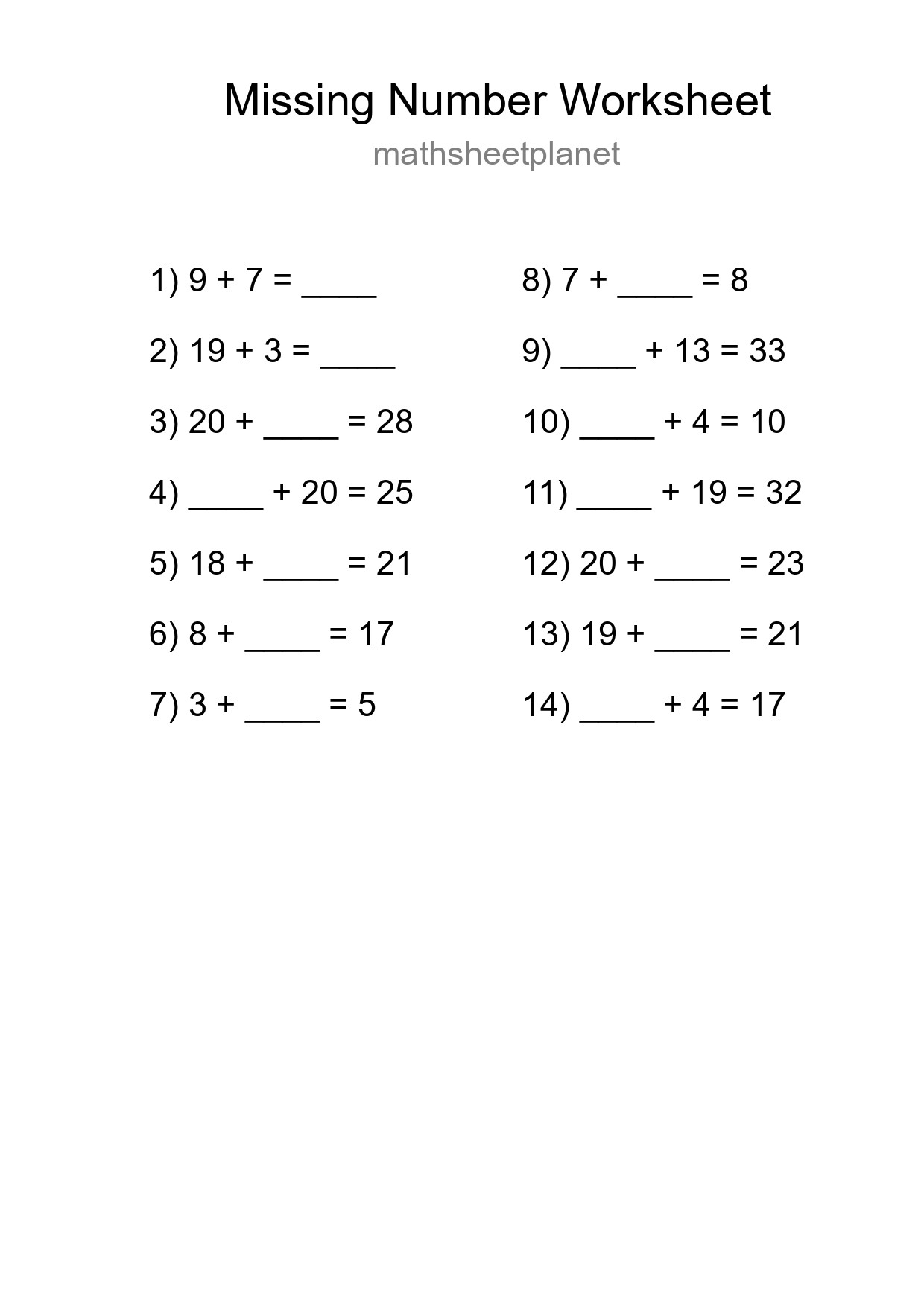 Missing Number Math Worksheet