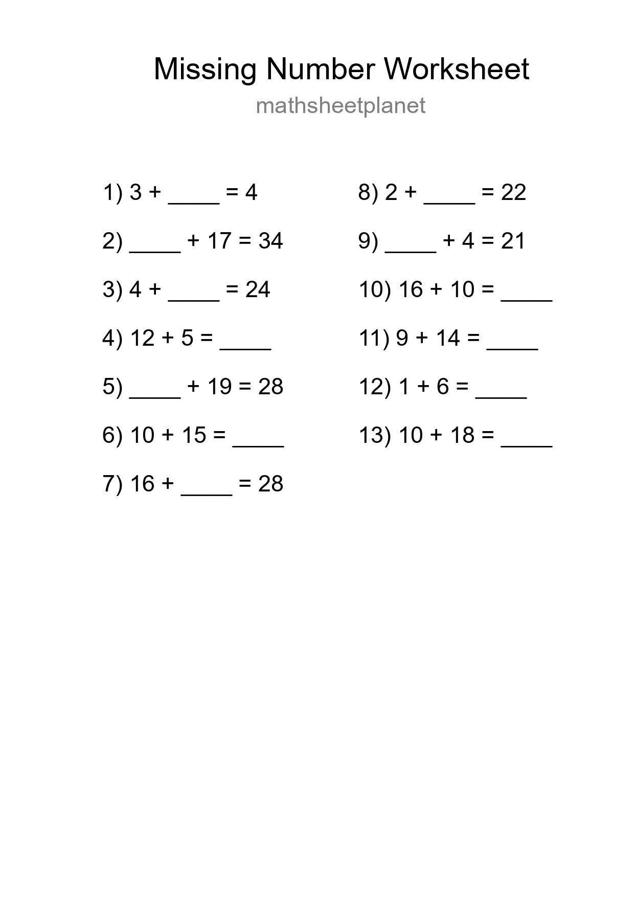 Missing Number Math Worksheet