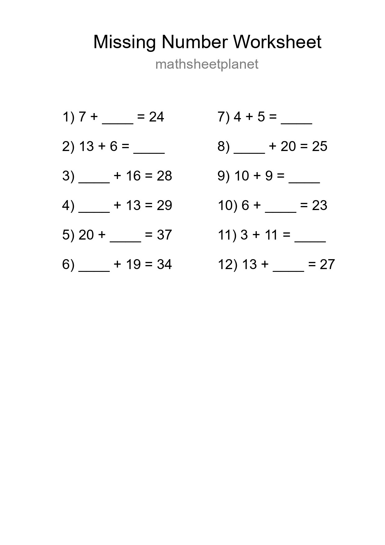 Missing Number Math Worksheet