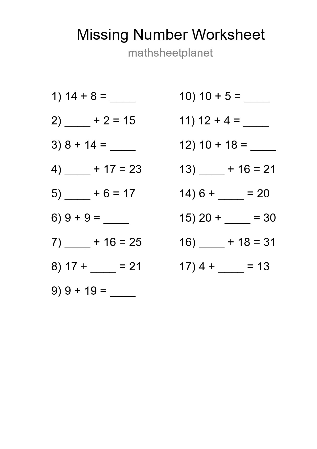 Missing Number Math Worksheet