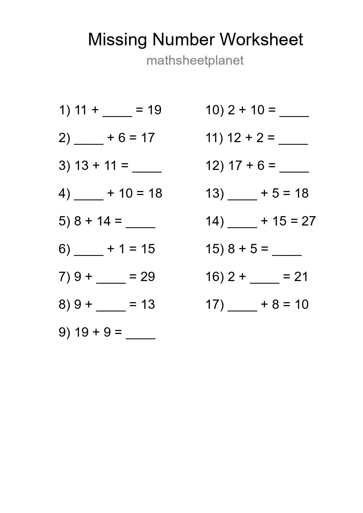 Missing Number Math Worksheet