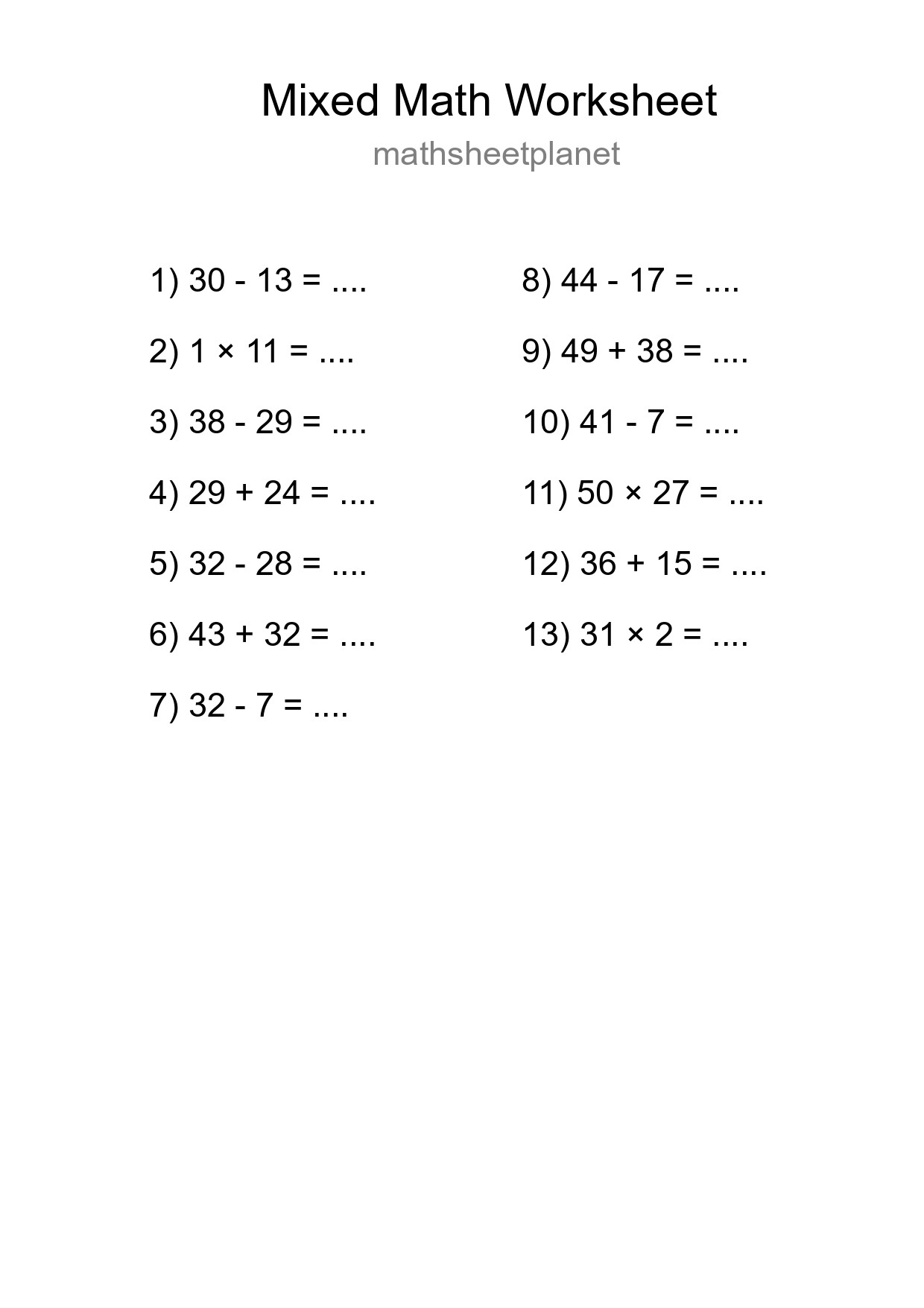 Mixed Operations Math Worksheet