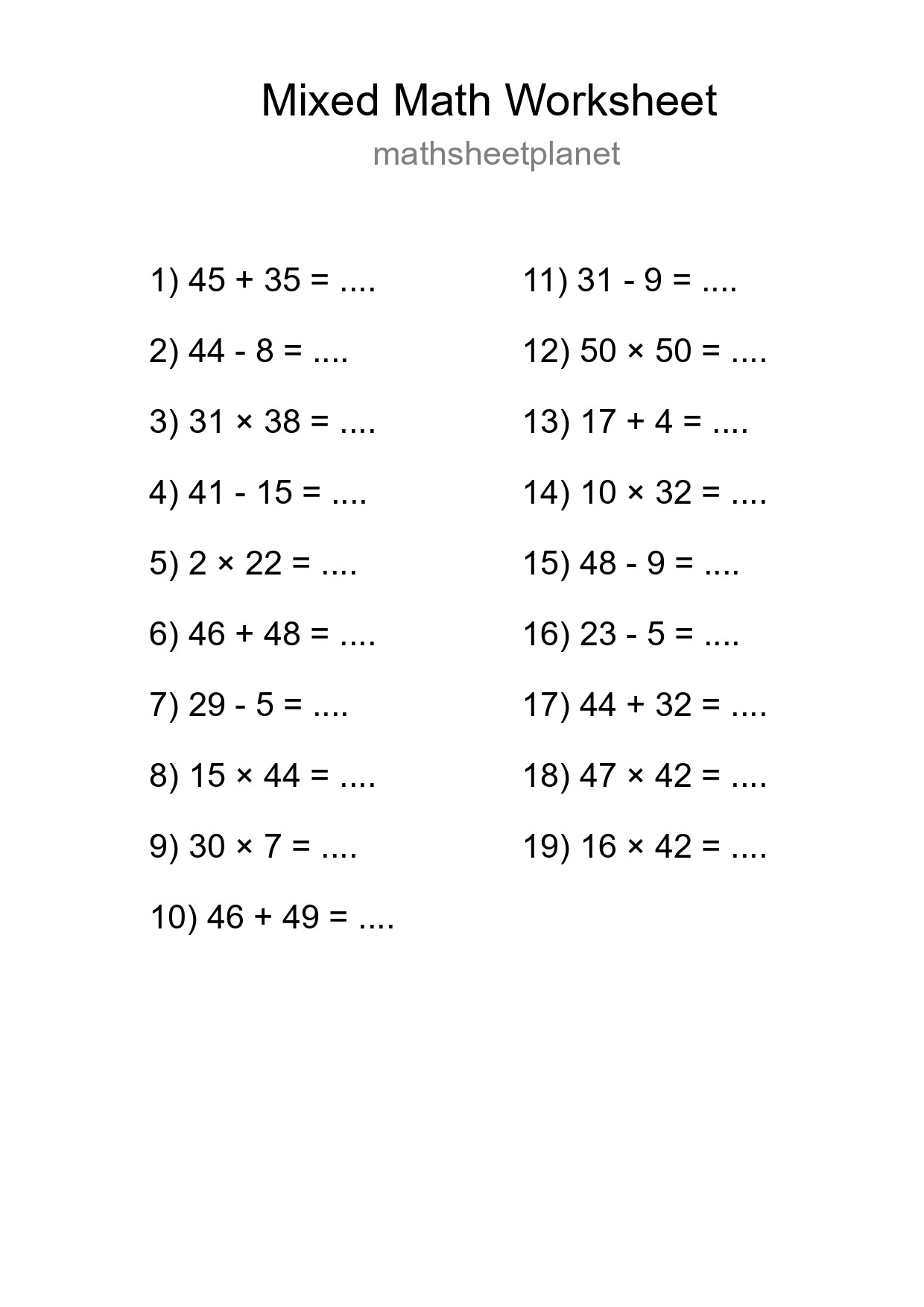 Mixed Operations Math Worksheet