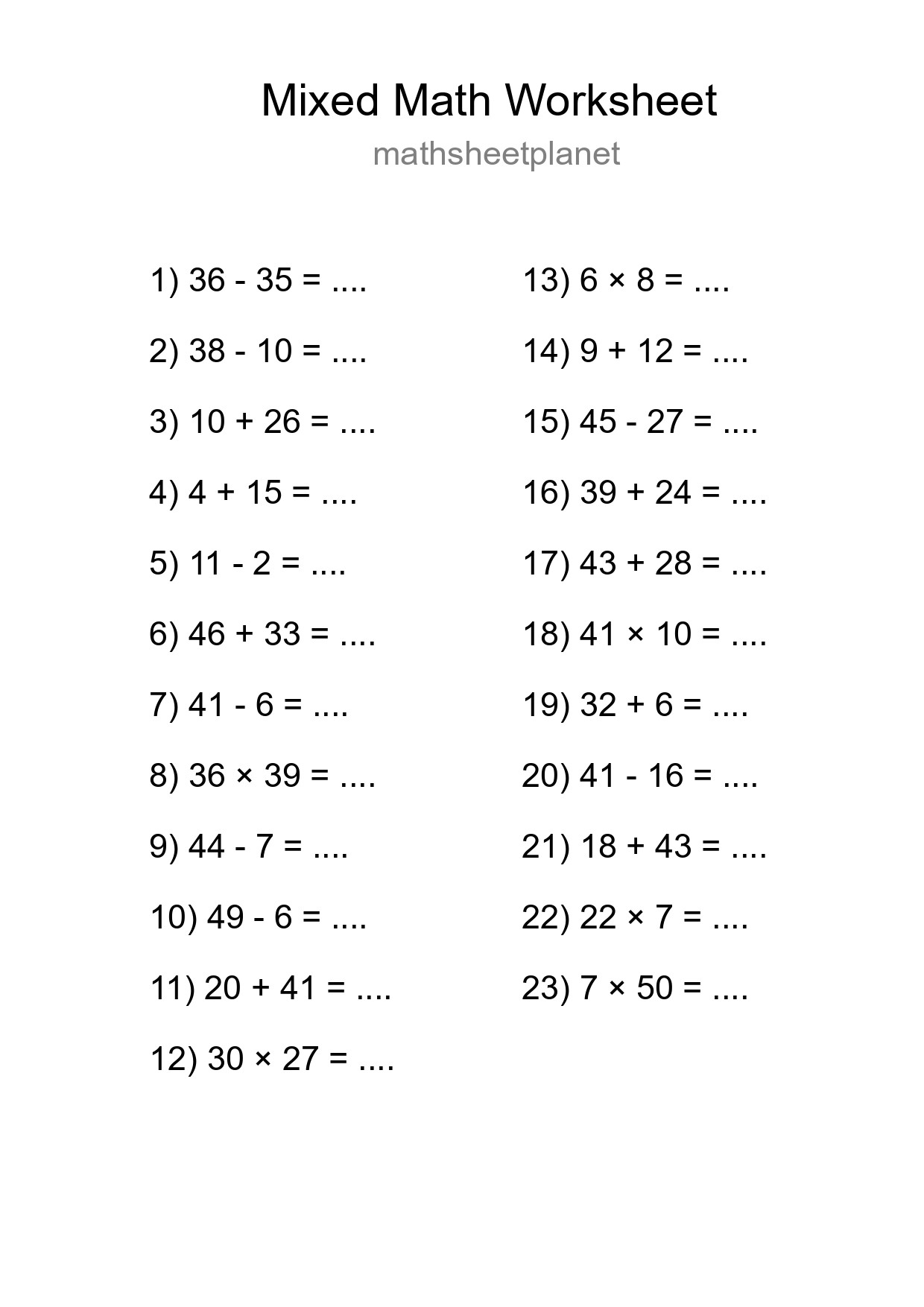 Mixed Operations Math Worksheet