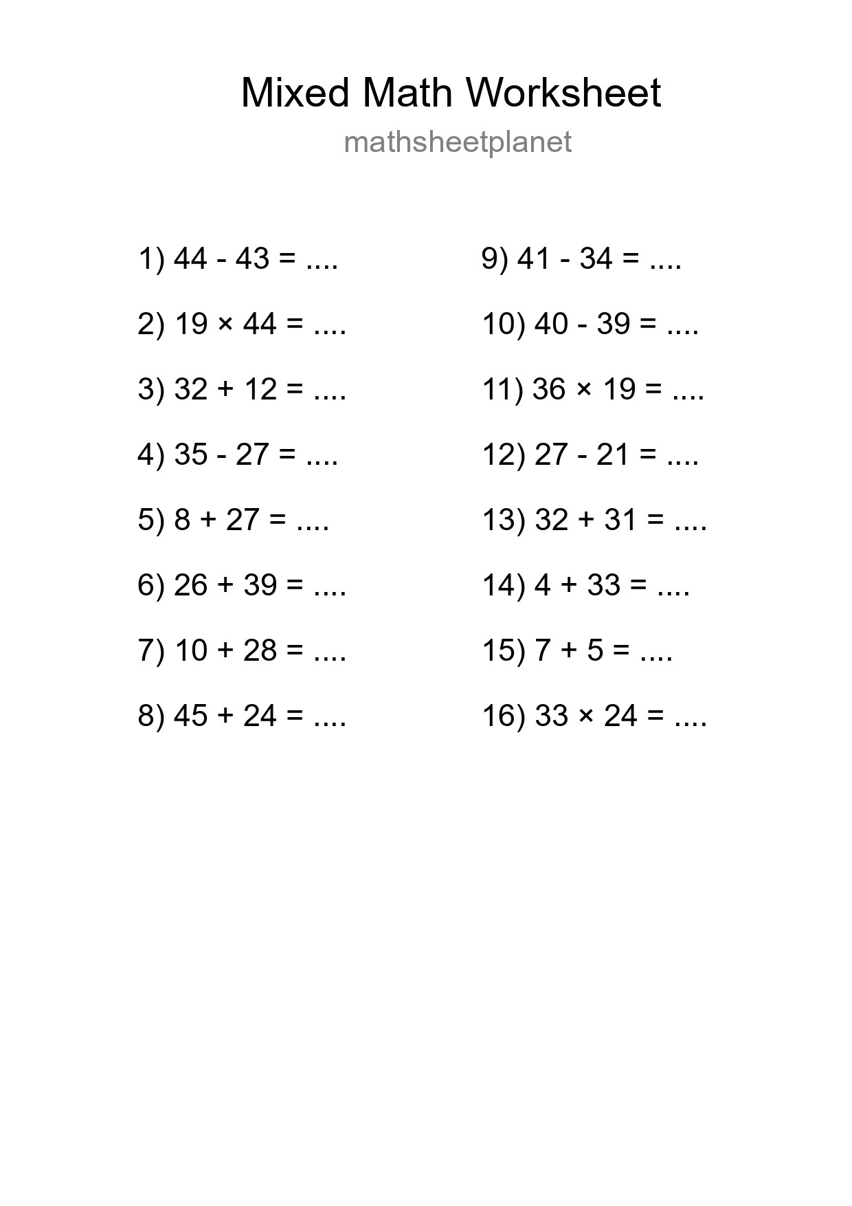 Mixed Operations Math Worksheet