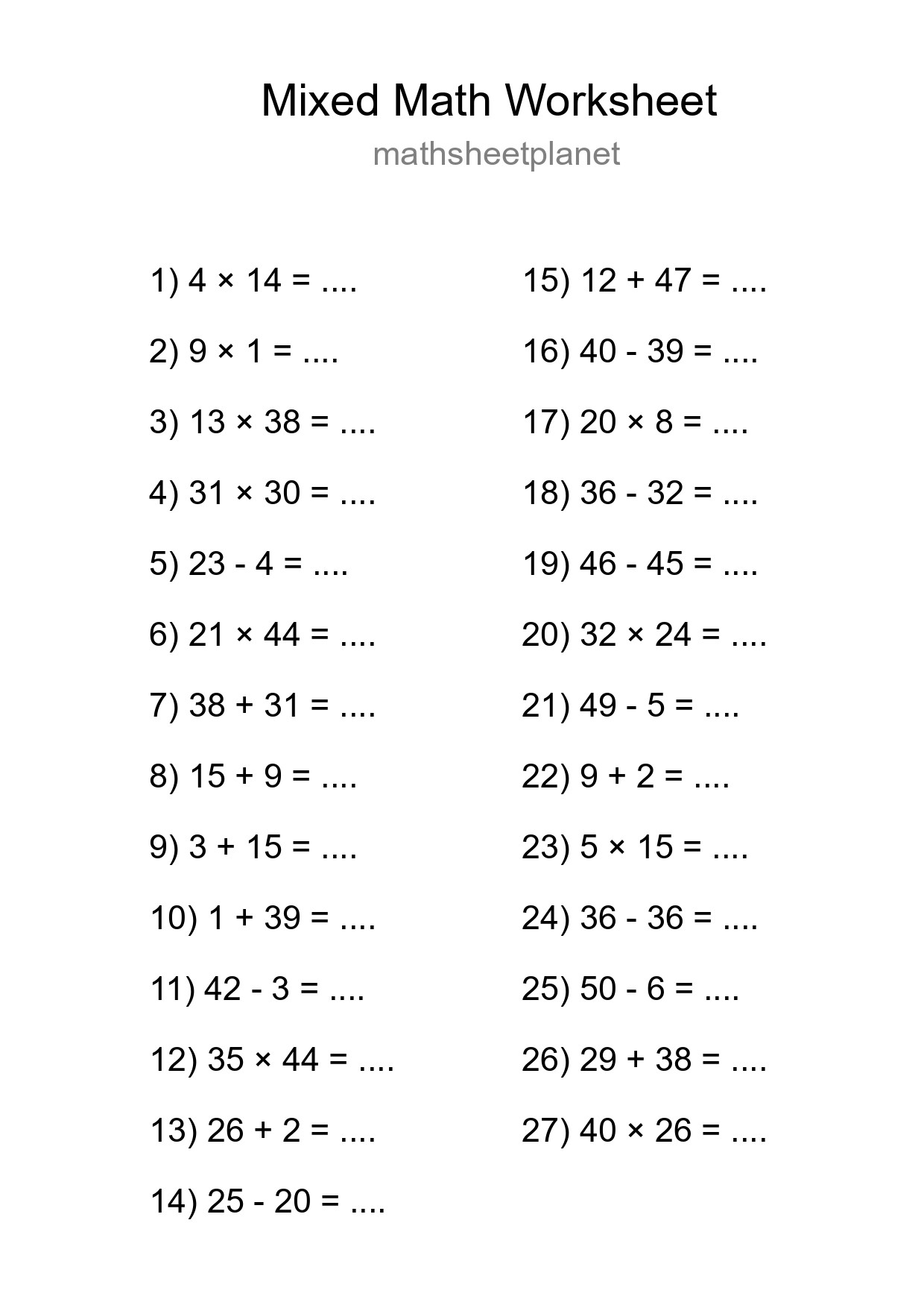 Mixed Operations Math Worksheet