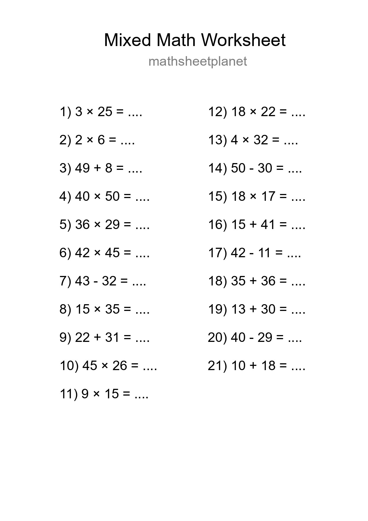 Mixed Operations Math Worksheet