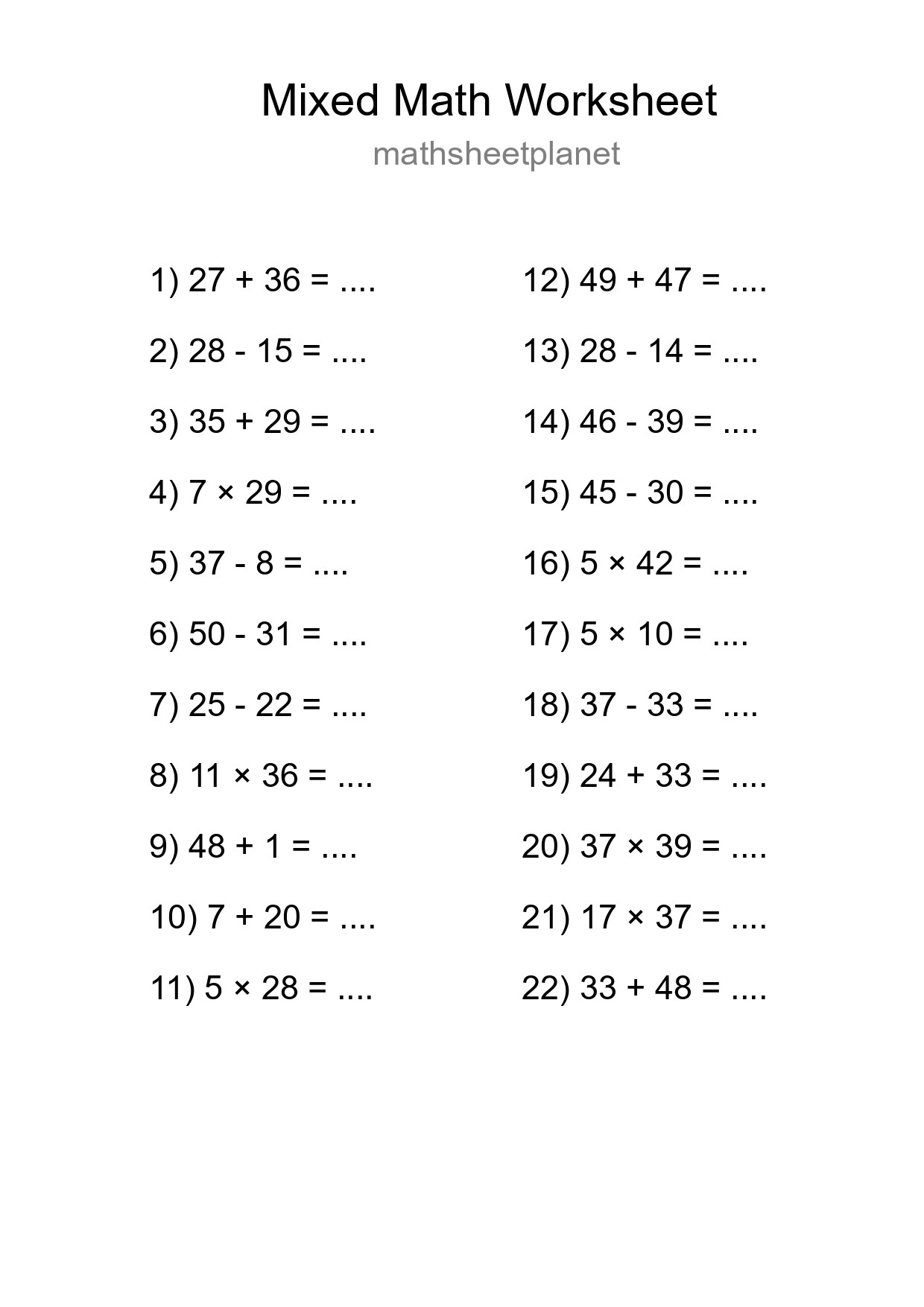 Mixed Operations Math Worksheet