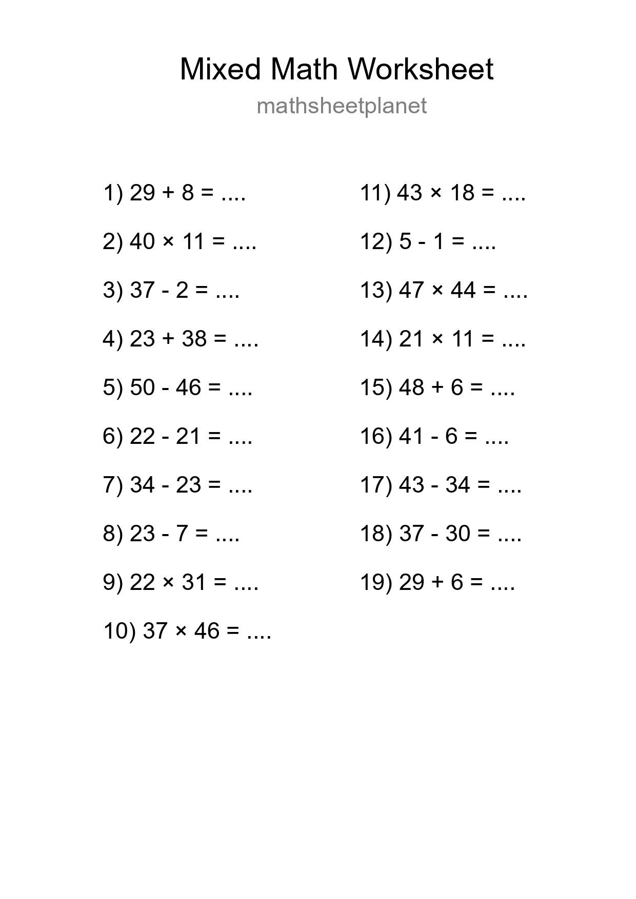 Mixed Operations Math Worksheet