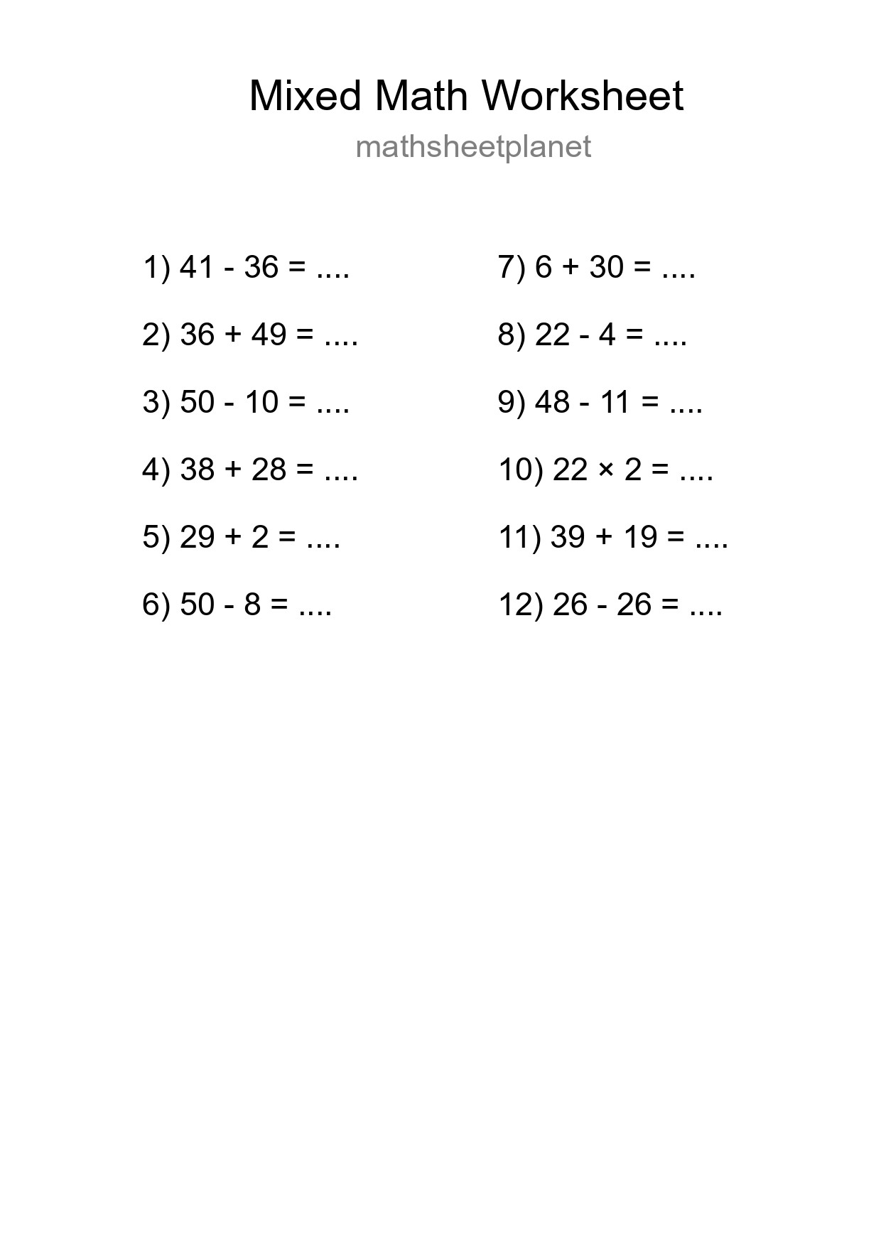 Mixed Operations Math Worksheet
