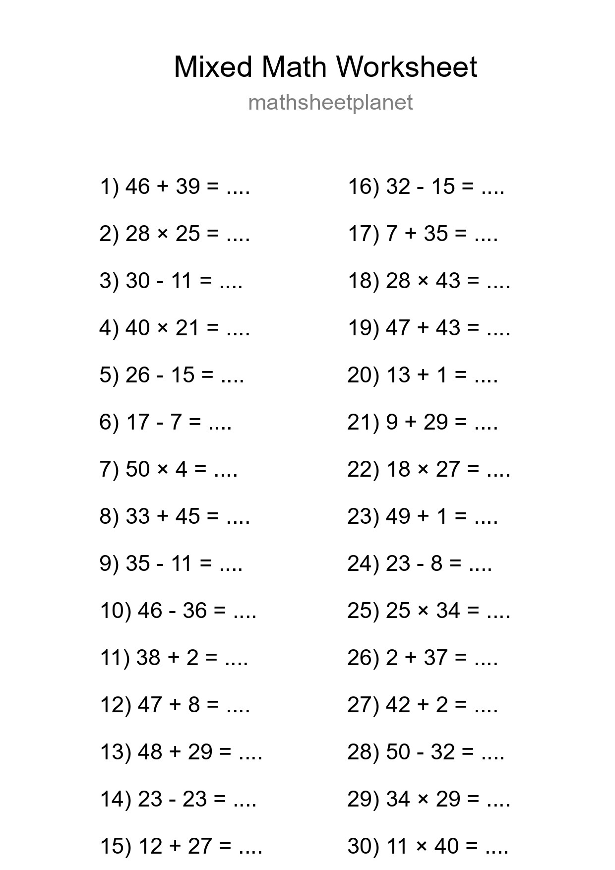 Mixed Operations Math Worksheet