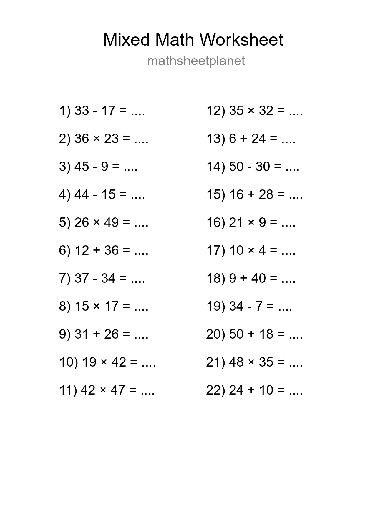 Mixed Operations Math Worksheet