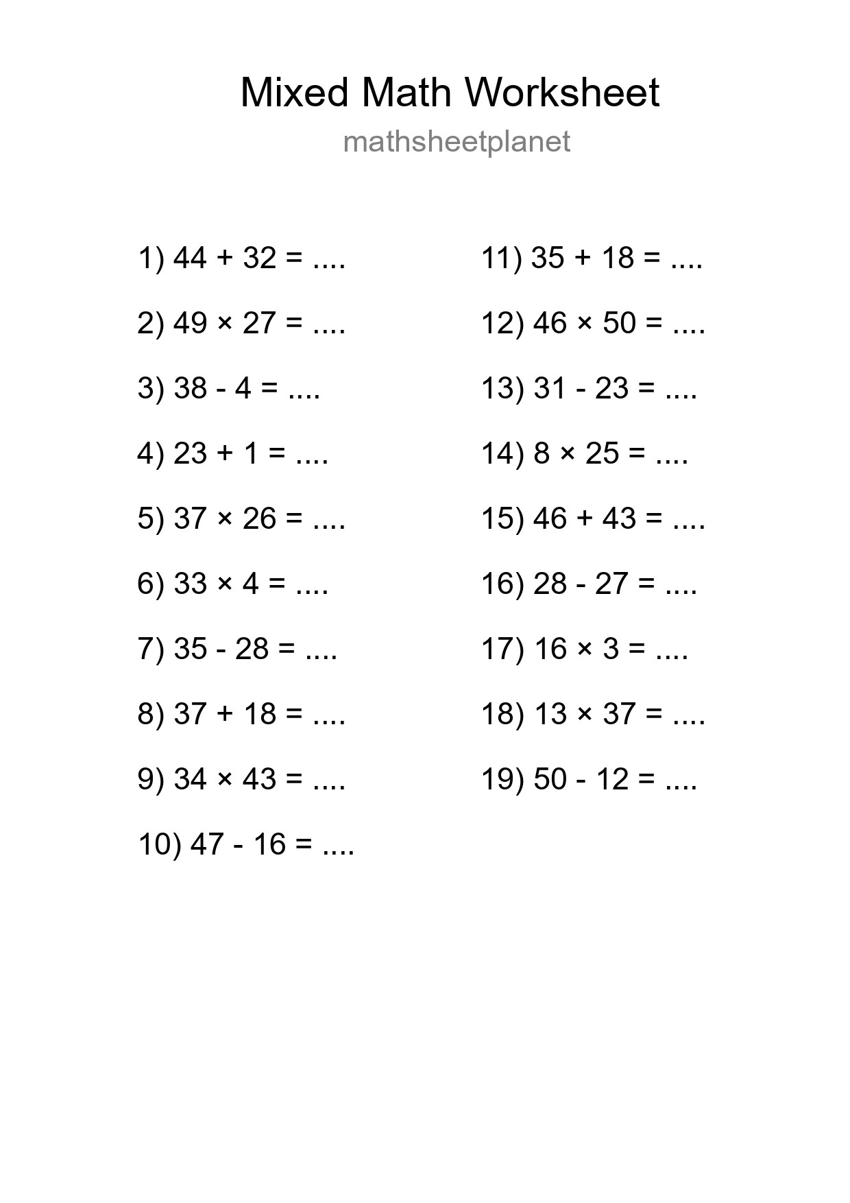 Mixed Operations Math Worksheet